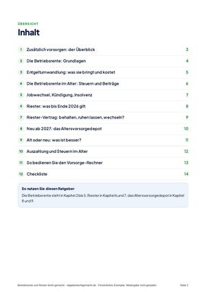 Inhaltsverzeichnis aus Betriebsrente und Riester leicht gemacht