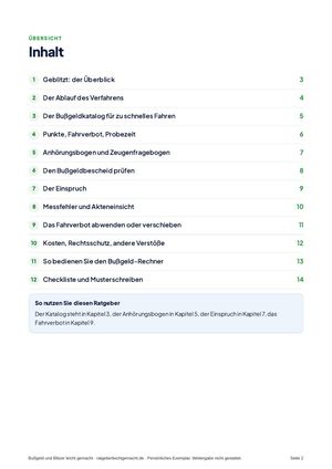 Inhaltsverzeichnis aus Bußgeld und Blitzer leicht gemacht