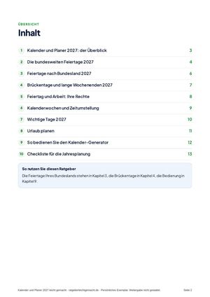 Inhaltsverzeichnis aus Kalender und Planer 2027 leicht gemacht