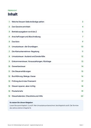 Inhaltsverzeichnis aus Steuern für Selbstständige leicht gemacht