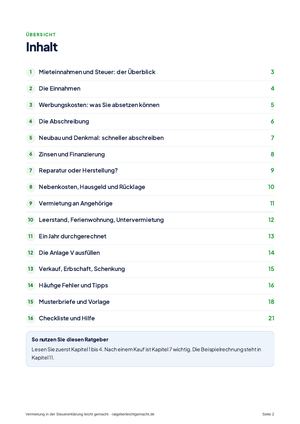 Inhaltsverzeichnis aus Vermietung in der Steuererklärung leicht gemacht